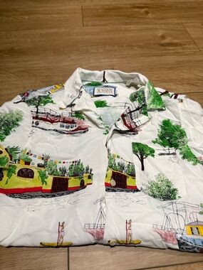 Scotch & Soda White Scenic Print Button-Down Shirt with Green and Yellow Accents